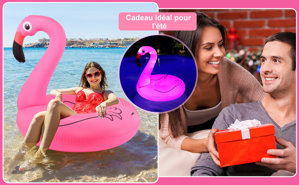 Collage de trois images : une femme sur un grand flotteur de piscine rose en forme de flamant rose, une lampe flamant rose brillant et un couple avec une boîte-cadeau. Texte « Cadeau idéal pour l'été »