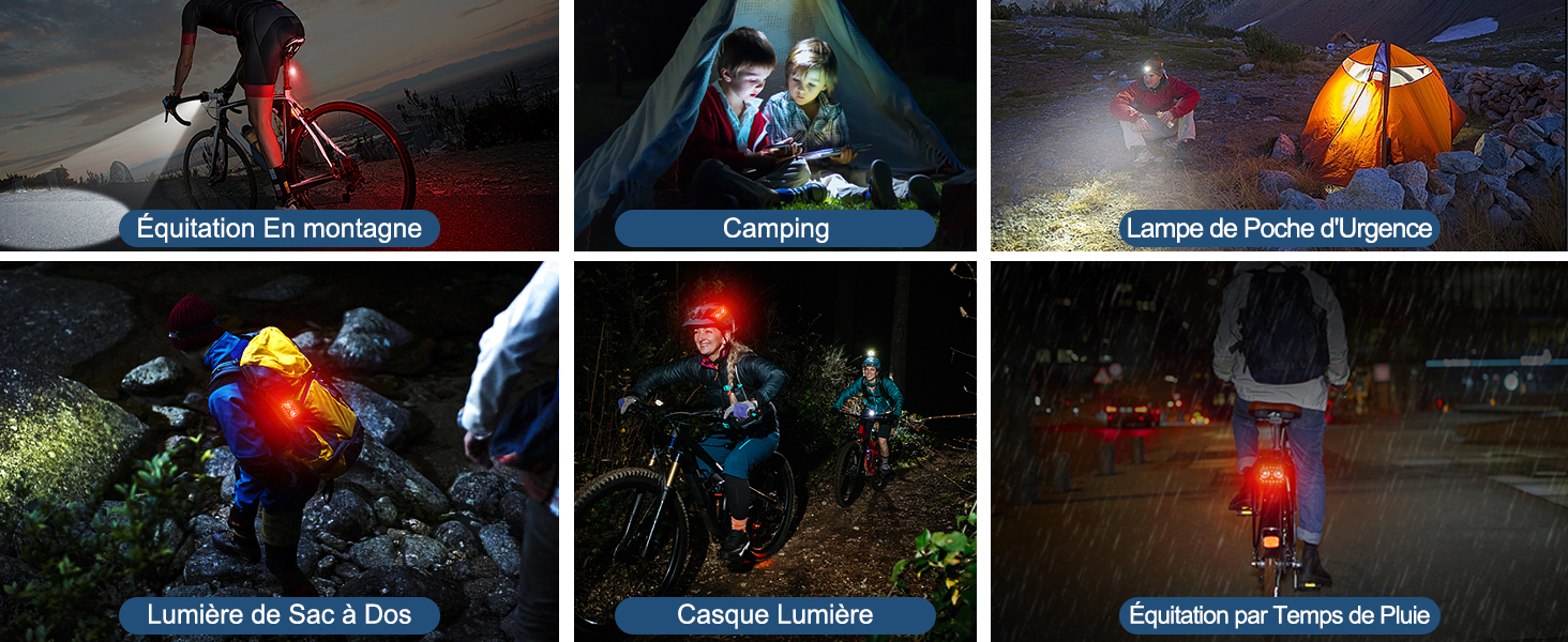 Imagen compuesta que muestra diversos usos de dispositivos de iluminación portátiles en actividades al aire libre, como ciclismo, acampada, emergencias, senderismo y condiciones de lluvia.