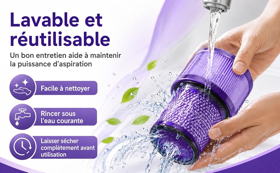 Le texte se lit comme suit : « Lavable et réutilisable », « Un bon entretien aide à maintenir la puissance d'aspiration », « Facile à nettoyer », « Réper sous l'eau », « Laisser sécher complètement ». Filtre cylindrique à mailles violettes avec de l'eau qui coule dessus, rincez à la main et pressez le filtre pour le nettoyer.