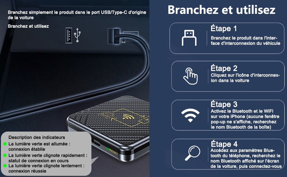Adaptateur CarPlay Android Auto sans fil voiture Bluetooth 5.0 USB-C Car Play 