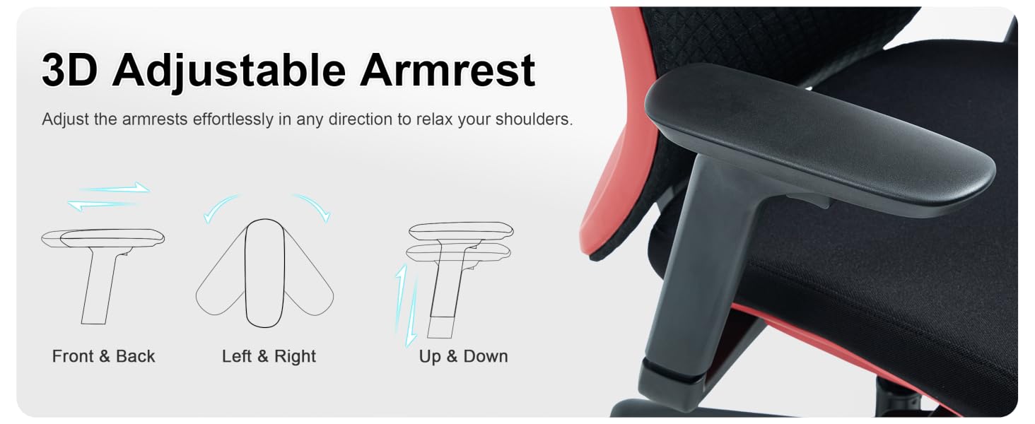 Text reads '3D Adjustable Armrest'. Product image showing adjustable armrest with directional movement indicators for front/back and up/down positions, demonstrated through multiple angle views.