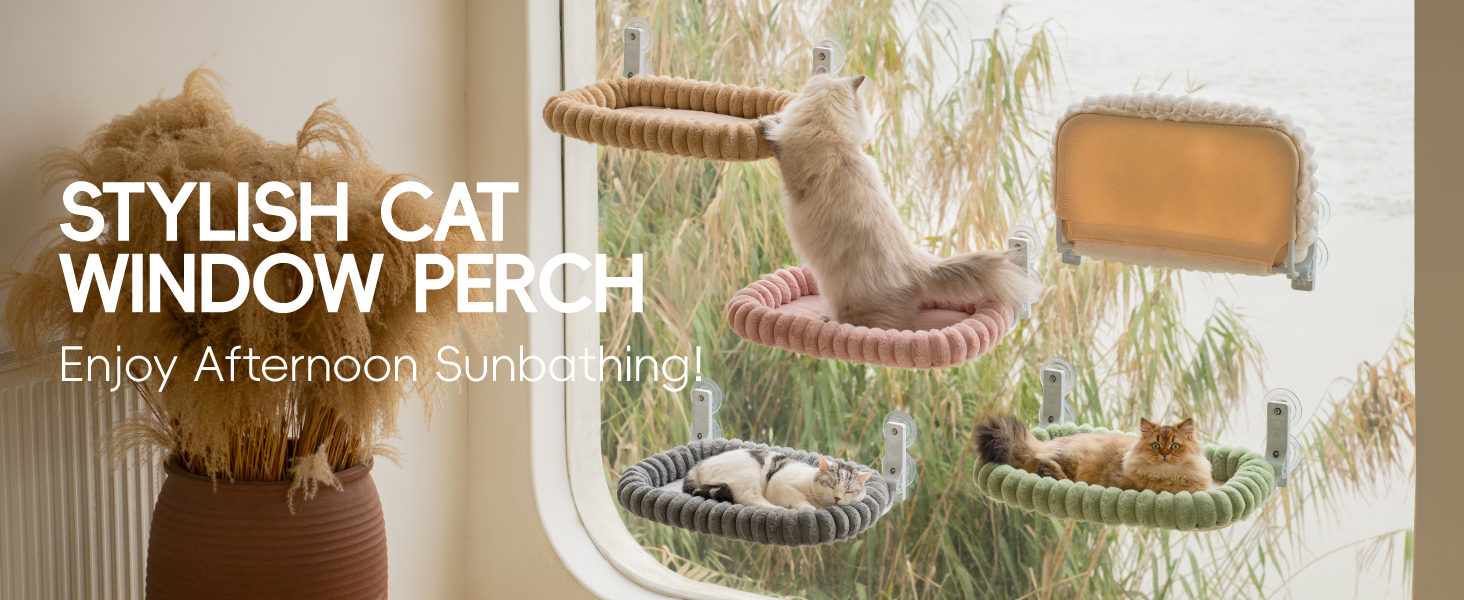 Le texte indique « PERCHOIR STYLÉ POUR CHAT » suivi de « Profitez du soleil de l'après-midi ». Montre une étagère de fenêtre avec des plantes et un éclairage naturel.
