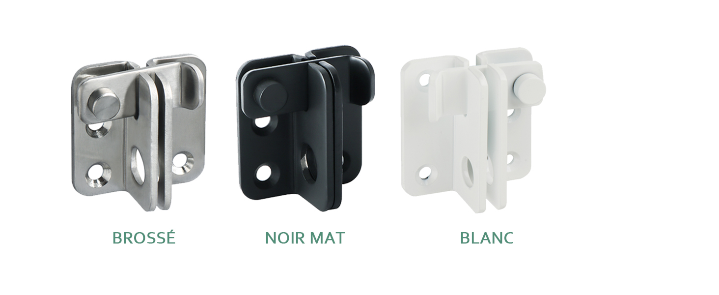 Trois supports de montage en métal présentés dans différentes finitions : métal brossé, noir mat et blanc, chacun avec des trous de montage et un design angulaire.