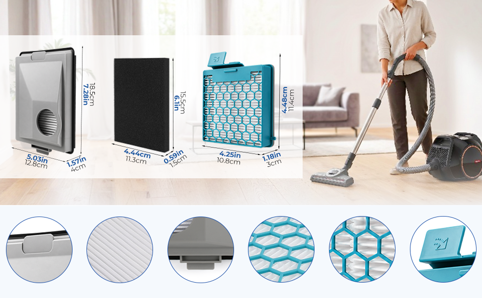 Gamme de produits comprenant trois purificateurs d'air avec dimensions et spécifications, ainsi qu'un appareil pour femme utilisant un appareil. La rangée inférieure affiche six icônes circulaires détaillées indiquant les types de filtres et leurs caractéristiques, notamment la filtration HEPA et les zones de couverture.