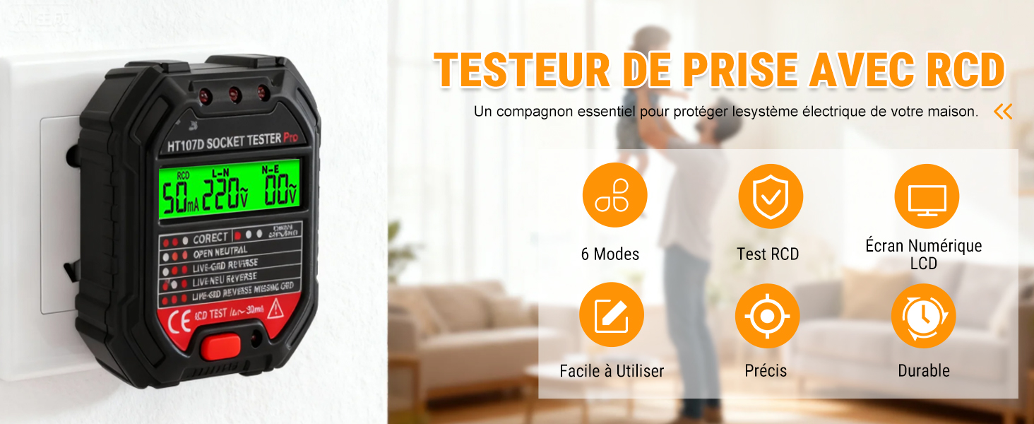 Le texte se lit comme suit : « TESTEUR DE PRISE AVEC RCD ». Plusieurs écrans d'interface affichant les paramètres et les options de test d'un appareil de test électrique avec des icônes orange.