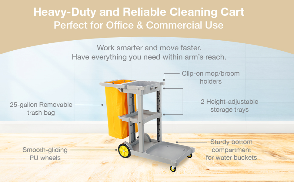 Janitorial Utility Cart - Multifunctional 3-Tier Cleaning Cart