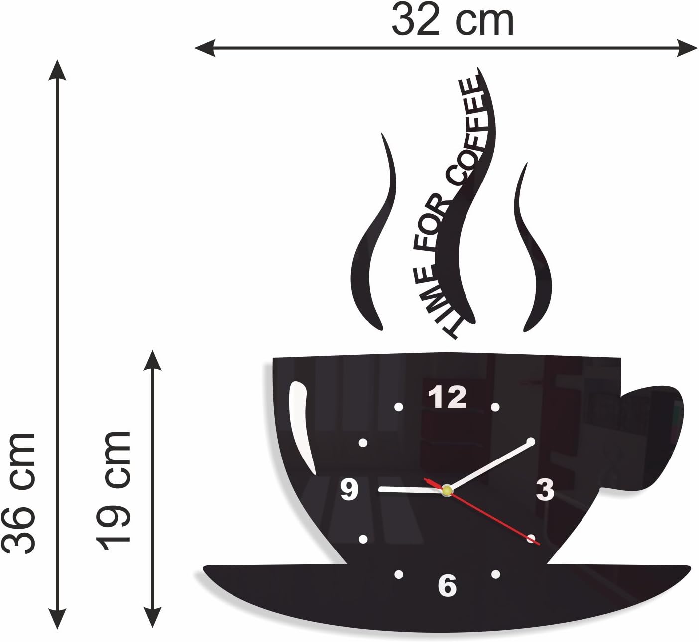Tasse Temps pour café Moderne de Cuisine - Horloge Murale 3 D - Noir
