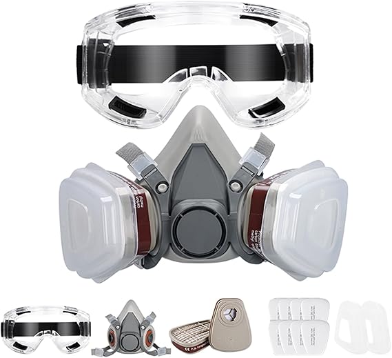 Powzdi Masque de Protection, Respiratoire Réutilisable avec Filtres et Lunette Anti poussière Anti gaz pour Peinture Poussière Particules Polissage Ponçage Soudage Bricolage Protection de Travail