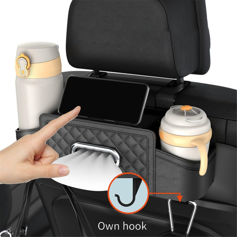 Range-dossier de voiture noir avec porte-gobelet et support téléphone