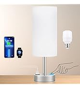 White Touch Bedside Table Lamps - Small Bedroom Lamps with USB-C and USB Charging Ports, 3 Way Di...