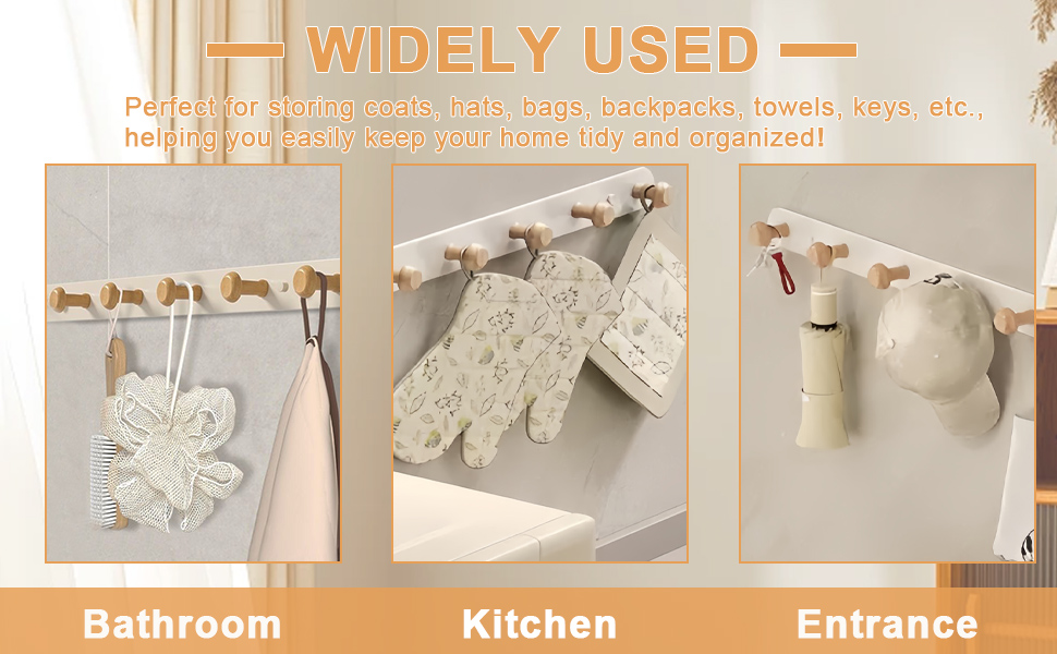 Étagère murale en bois avec plusieurs crochets pour organiser les articles dans la salle de bain, la cuisine et l'entrée. Montre des serviettes, des vêtements et des accessoires suspendus sur trois panneaux.