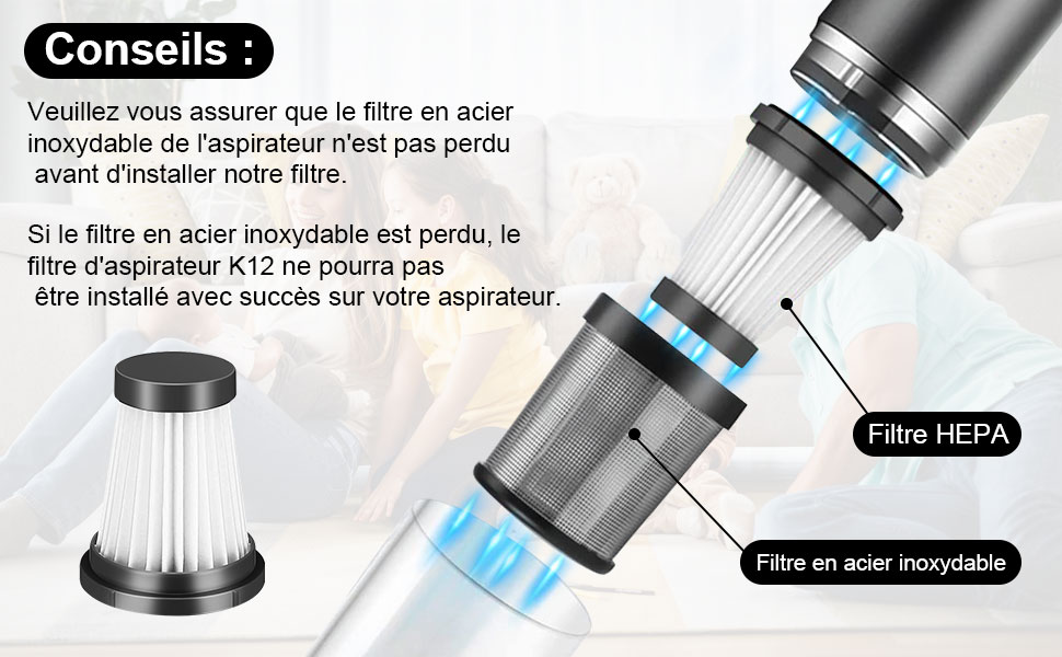Fixbetter 3 Pcs Filtre de Remplacement pour MOOSOO K12, K12 Pro, K13 Aspirateur sans fil