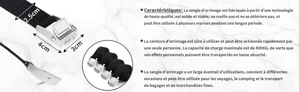 Bretelles blanches avec fermeture à boucle, mesurant 4 cm de largeur et 3 cm de longueur. Gros plan du mécanisme à boucle avec texte décrivant son utilisation et ses caractéristiques