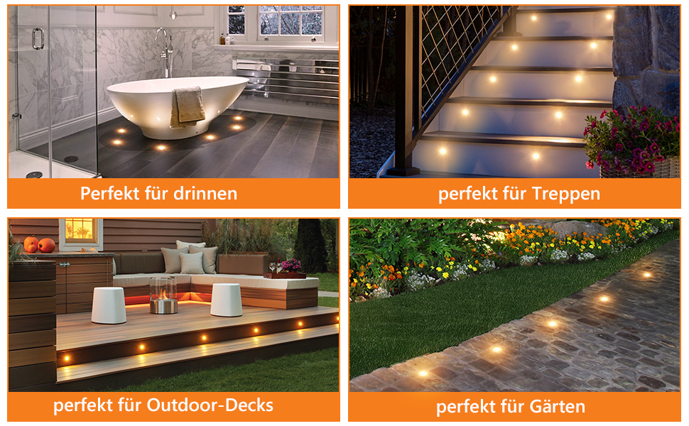 présentant un éclairage LED encastré dans divers environnements : salle de bain, escalier, terrasse extérieure et allée de jardin. Les lumières fournissent un éclairage ambiant dans chaque scénario.