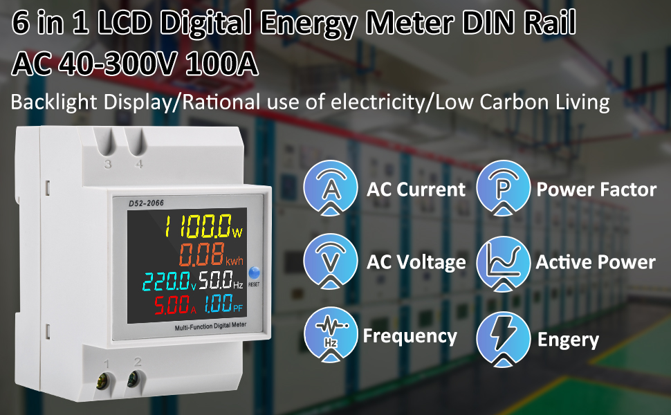 Compteur d'électricité Rail DIN CA 40-300V 100A 6 en 1 LCD Numérique Compteur d'énergie ampèremètre voltmètre Din