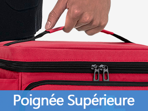 une personne tenant un sac rouge avec la main d'une personne.