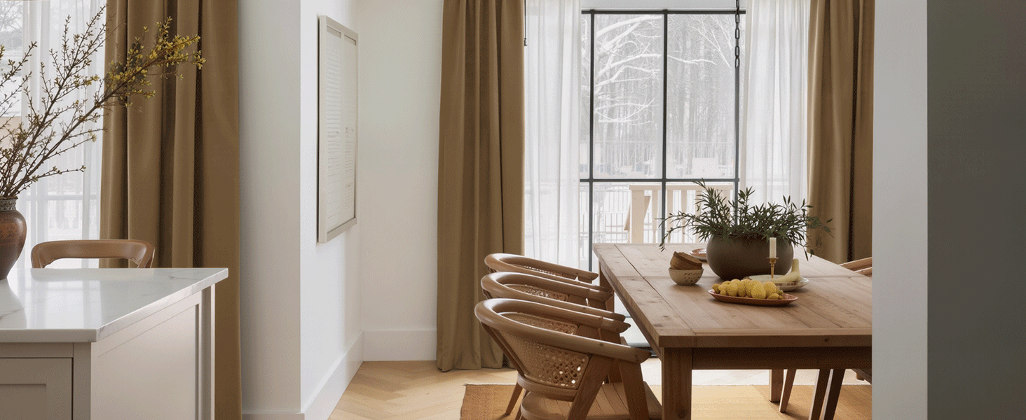 Aménagement intérieur de la pièce montrant une salle à manger avec une table en bois, des chaises et une fenêtre avec rideaux.