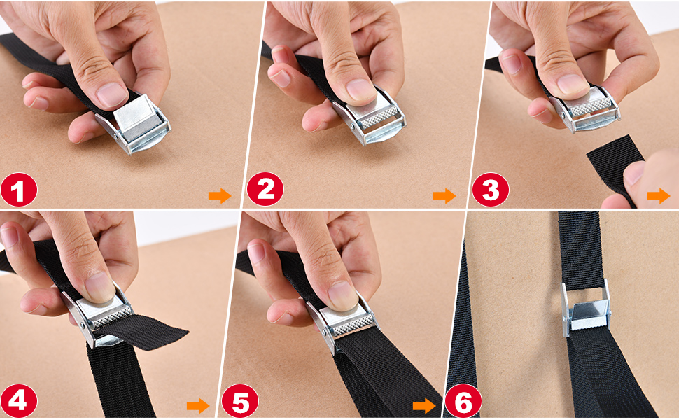 Guide d'instructions étape par étape présentant les six étapes d'installation ou de réglage d'un bracelet noir avec mécanisme à boucle en métal.