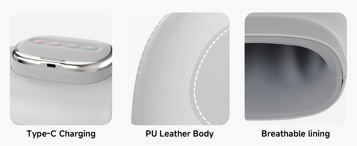 Le texte indique « Chargement de type C », « Boîtier en cuir PU », « Bluetooth 5.0 ».