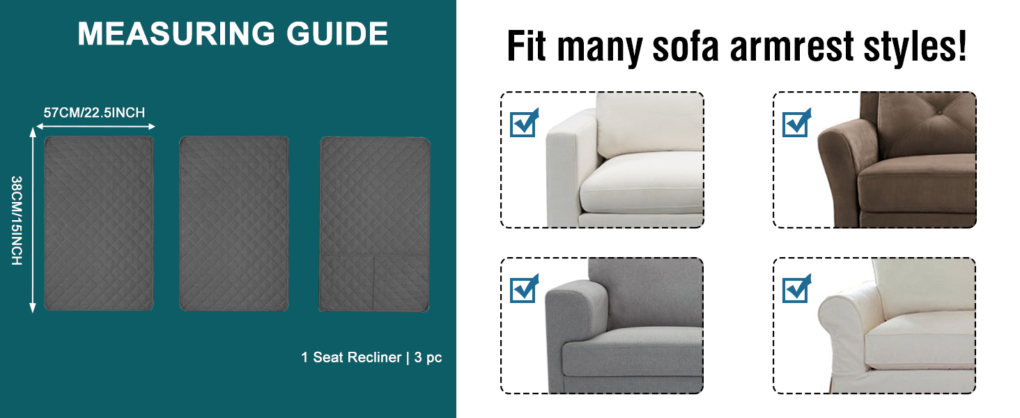 Guide de mesure présentant trois échantillons de tissu gris et des exemples de styles d'accoudoirs de canapé en beige, marron et gris, démontrant la compatibilité de l'ajustement
