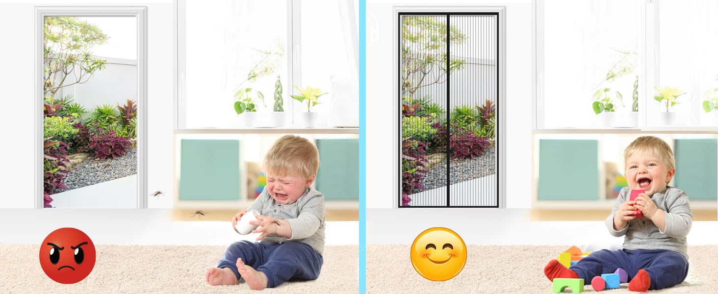 Comparaison des portes avec et sans moustiquaire. La gauche montre la porte ouverte avec des emoji en colère, la droite montre un écran maillé installé avec des emoji joyeux et un enfant jouant