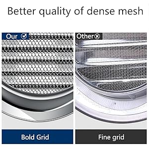 Comparaison de la qualité du maillage dans les filtres des appareils électroménagers. Le côté gauche intitulé « Notre » montre une grille plus dense et plus audacieuse. Le côté droit, intitulé « Autre », affiche un maillage plus fin et moins dense