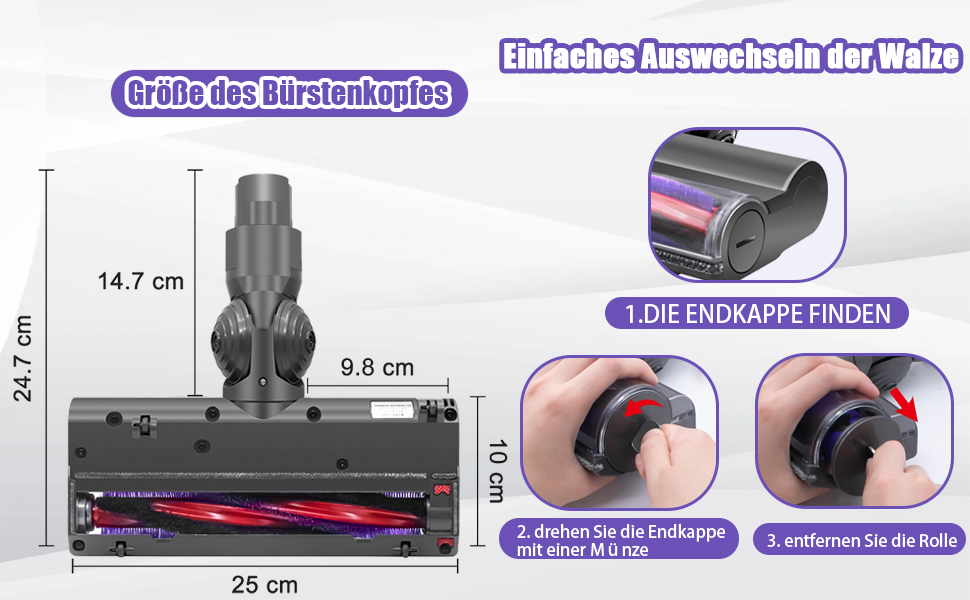 Schéma technique d'une tête de brosse d'aspirateur indiquant les dimensions de 24,7 cm de hauteur, 25 cm de largeur et 9,8 cm de profondeur, avec détail de la brosse à rouleau et