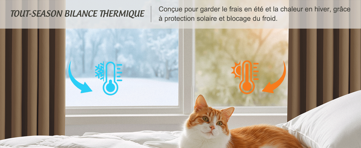 Le texte se lit comme suit : « RIDEAUX BALANCE THERMIQUE » en français. Photo intérieure montrant une fenêtre avec des rideaux et un chat se reposant près du rebord de la fenêtre.