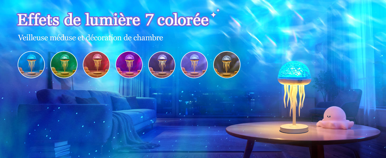 Le texte se lit comme suit : « Effets de lumière 7 couleurs ». Affichage d'image teinté en bleu montrant sept icônes circulaires colorées indiquant différents effets d'éclairage.