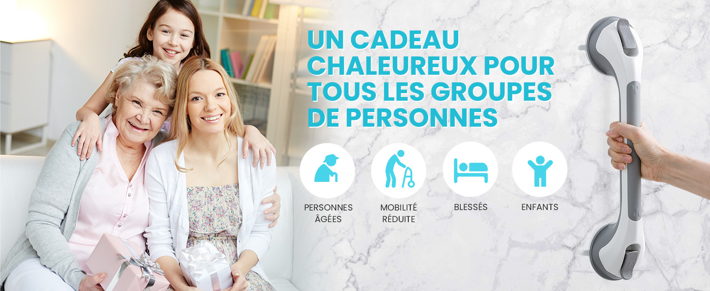 avec poignée incurvée. Les icônes indiquent l'utilisation pour différents groupes : personnes âgées, familles, hôtels et espaces publics. Le texte en français le décrit comme un cadeau chaleureux pour tous les groupes.