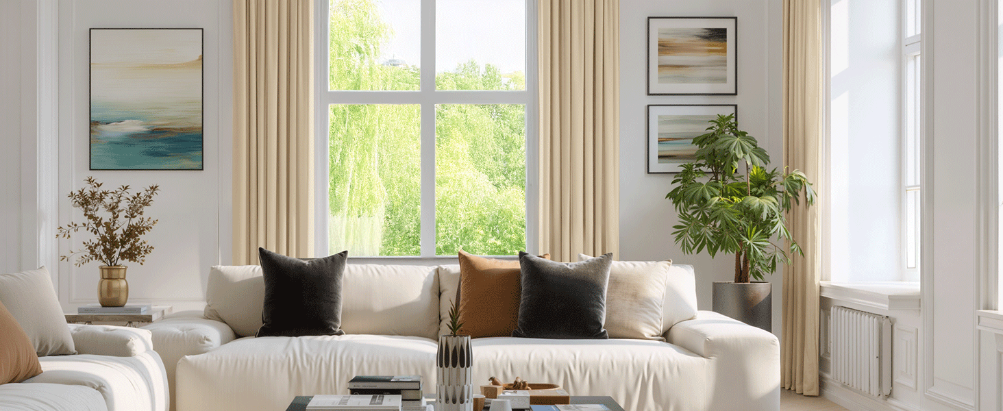L'intérieur du salon moderne comprend un canapé sectionnel beige, des rideaux gris et de grandes fenêtres avec éclairage naturel.