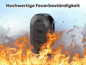 Der Text lautet 'Hochwertige Feuerbeständigkeit'. Abgebildet ist ein schwarzes elektronisches Gerät, das von Flammen umgeben ist, die ihre Feuerwiderstandsfähigkeit nachweisen.