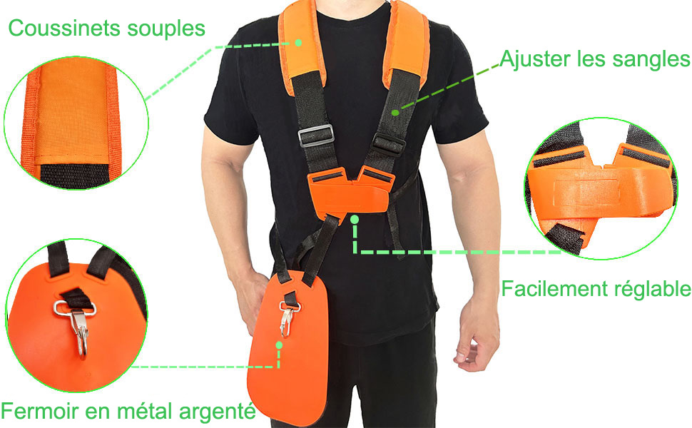 orange et noir avec bretelles réglables, boucles métalliques et épaules rembourrées.
[SENTENCE 2] Schéma technique montrant les points de réglage et les caractéristiques.