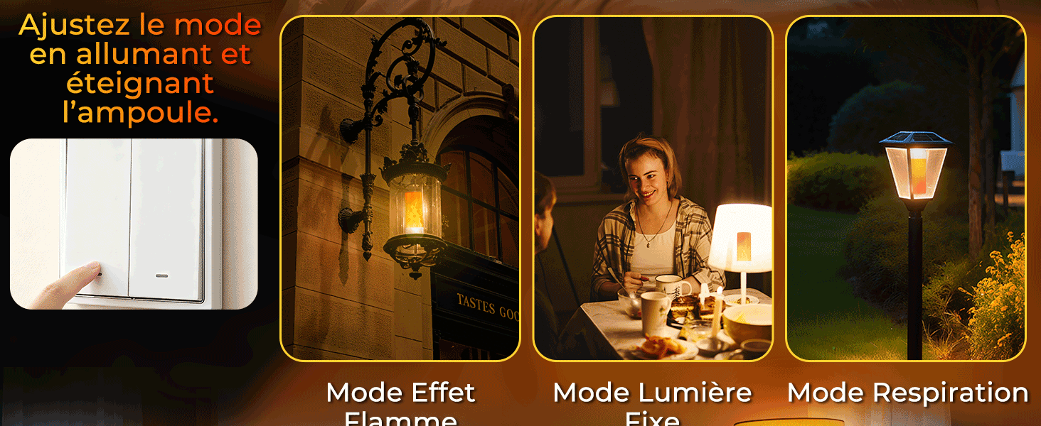 Le texte indique « Mode Effet », « Mode Lumière », « Mode Réparation ». Trois scènes aux tons chauds montrant différents effets de lumière en intérieur.