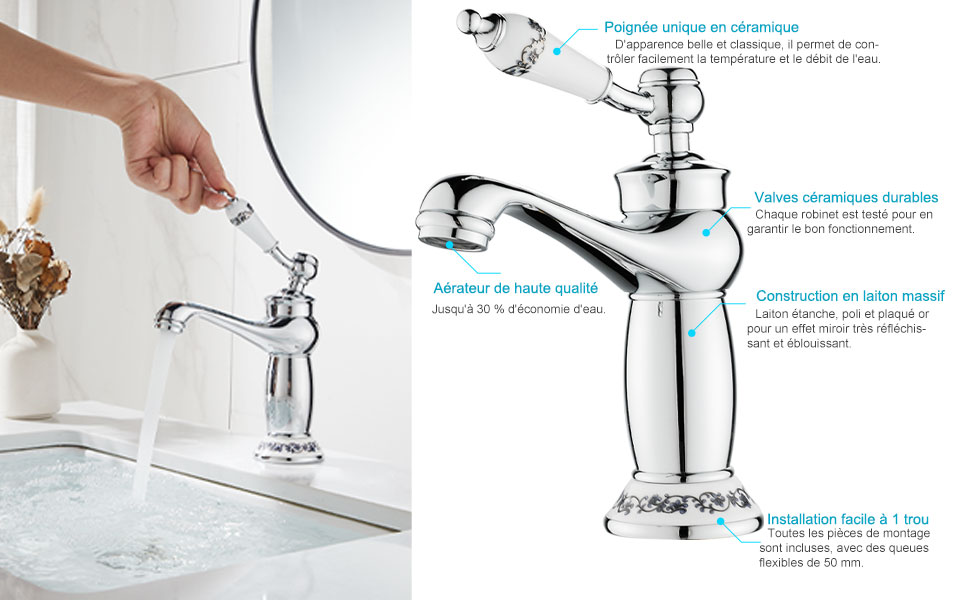 Robinet de salle de Bain Rétro,Robinets de Lavabo pour Salle de Bain Avec Mitigeur Chaud et Froid
