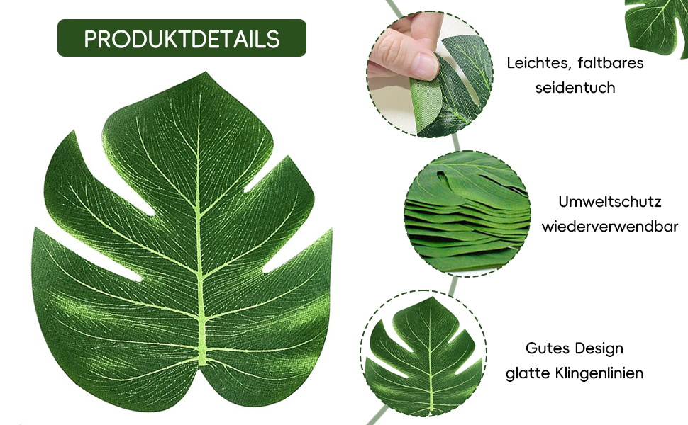 Détails du produit en feuilles tropicales artificielles. Montre les feuilles entières, un gros plan de la texture et les avantages environnementaux. Le texte allemand met en évidence les caractéristiques légères, pliables et réutilisables.