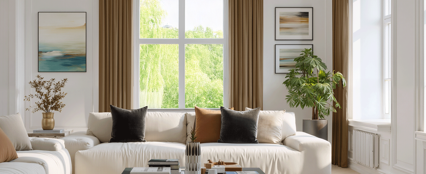 L'intérieur du salon moderne comprend un canapé sectionnel beige, des rideaux gris et de grandes fenêtres avec éclairage naturel.