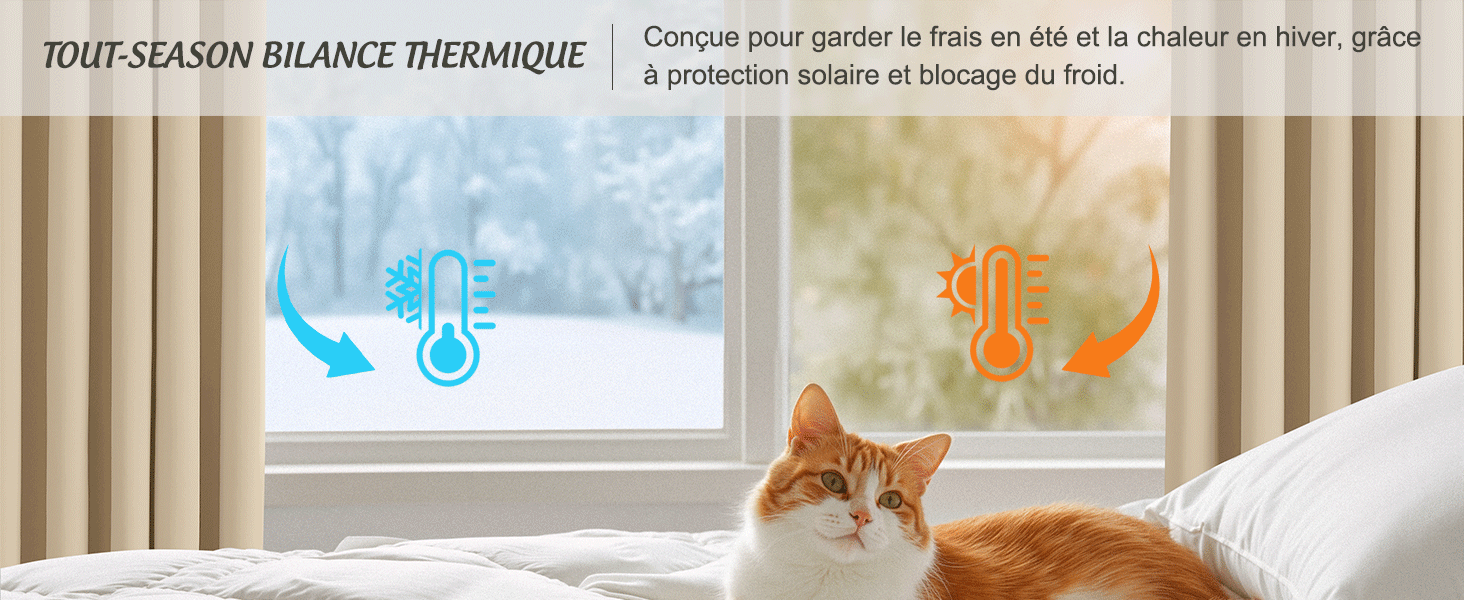 Le texte se lit comme suit : « RIDEAUX BALANCE THERMIQUE » en français. Photo intérieure montrant une fenêtre avec des rideaux et un chat se reposant près du rebord de la fenêtre.