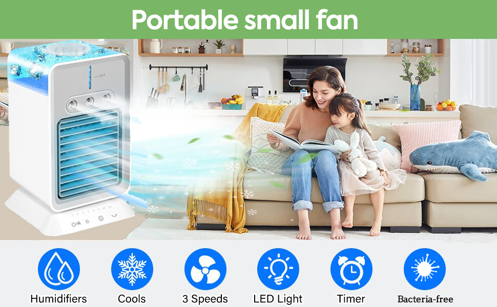 Climatiseur portable, mini ventilateur de refroidissement personnel avec 3 vitesses de vent
