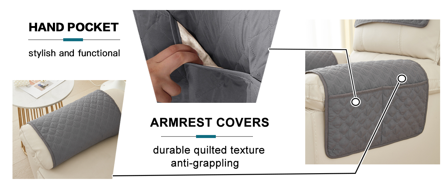 Schéma du produit montrant des housses d'accoudoirs grises à texture matelassée, dotées de poches pour les mains et d'éléments de design anti-grapping
