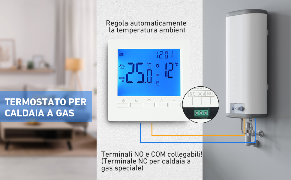 Thermostat numérique avec affichage rétroéclairé bleu indiquant 25,0 °C et 12 °C. Connecté à la chaudière à gaz. Le texte italien indique