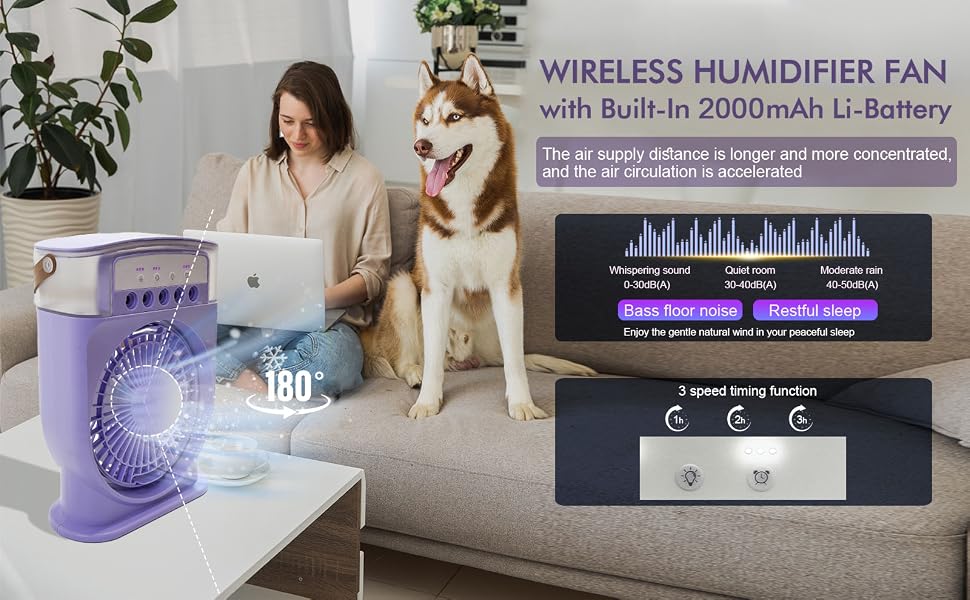 avec batterie 2000mAh.
[SENTENCE 3] Comprend une rotation à 180 degrés, 3 réglages de vitesse.
[SENTENCE 4] Produit présenté dans le salon avec ordinateur portable et chien.