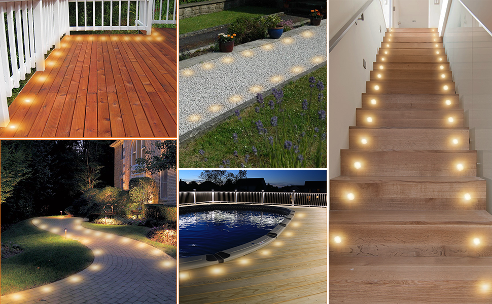 d' Applications D' éclairage extérieur : terrasse en bois illuminée, allée de jardin, escalier, aménagement paysager, espace piscine et escaliers intérieurs avec lumières LED intégrées.