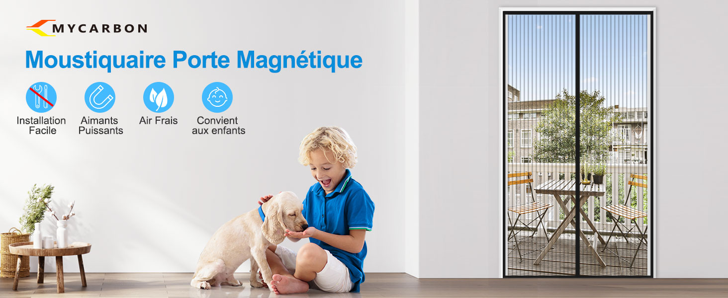 de la porte moustiquaire magnétique. Le côté gauche montre les caractéristiques du produit, le côté droit montre l'installation sur le cadre d'une porte-patio.
