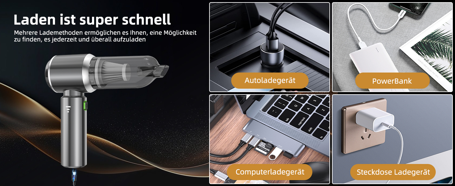 avec panneaux de démonstration montrant la capacité de chargement USB et les fonctionnalités de connectivité d'un ordinateur portable selon plusieurs scénarios d'utilisation.