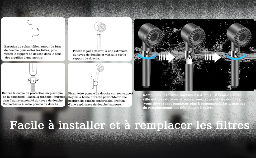Le texte se lit comme suit : « Facile à installer et à remplacer les filtres ». Série de schémas techniques en noir et blanc illustrant les étapes d'installation du filtre.