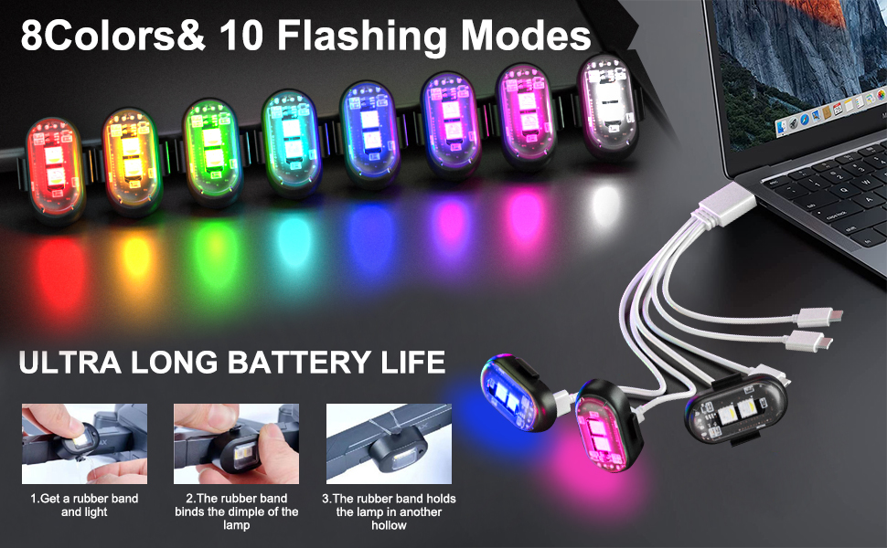 Bandes lumineuses LED affichant 8 couleurs différentes et 10 modes de clignotement, affichées connectées à une alimentation USB avec fonctionnalité de télécommande.