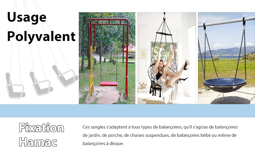 Système de cadre extérieur multifonctionnel présentant différentes configurations : chaises, balançoire avec éléments rouges, fauteuil suspendu et balançoire à plateforme ronde sur fond extérieur
