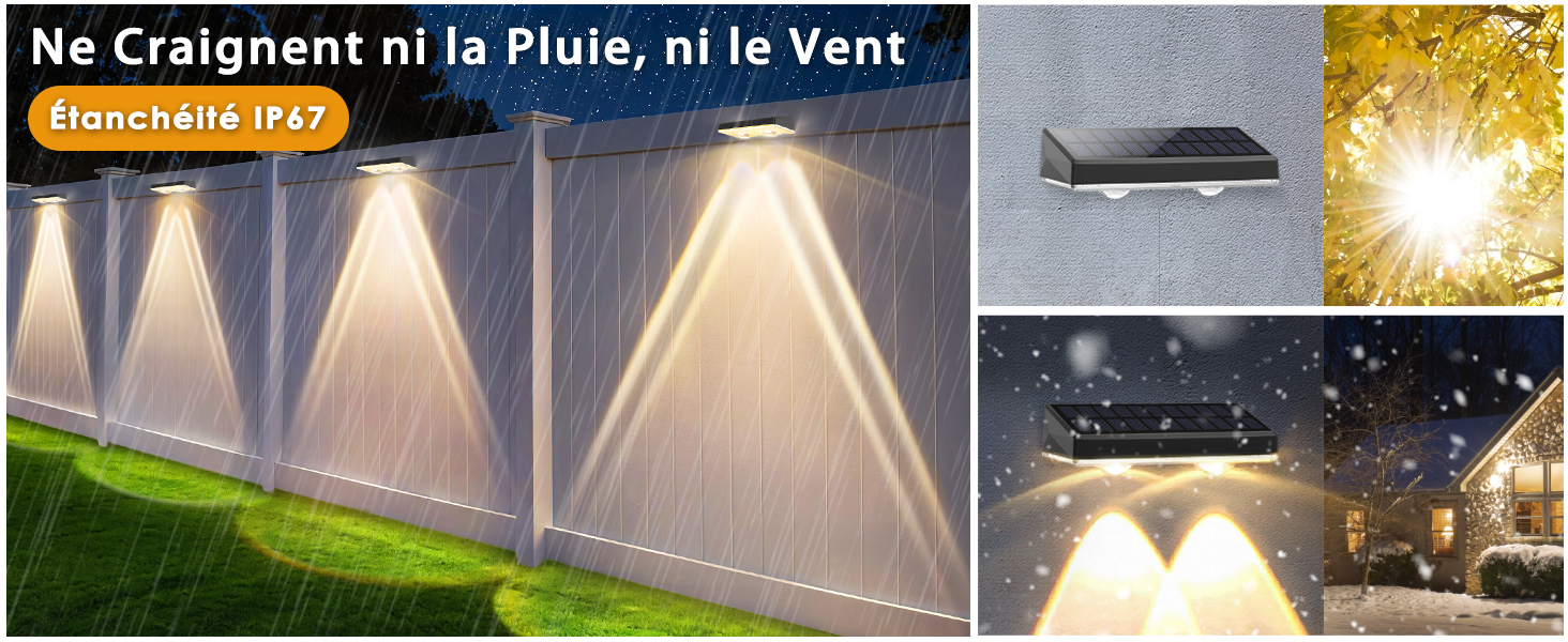 Lumières LED murales extérieures éclairant une clôture dans diverses conditions météorologiques.