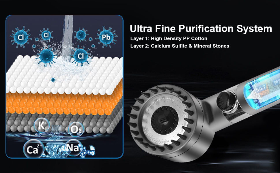 Le texte indique « Système de purification ultra fin ». Illustration technique montrant le processus de filtration avec des icônes bleues en forme de flocon de neige et des composants mécaniques en niveaux de gris.